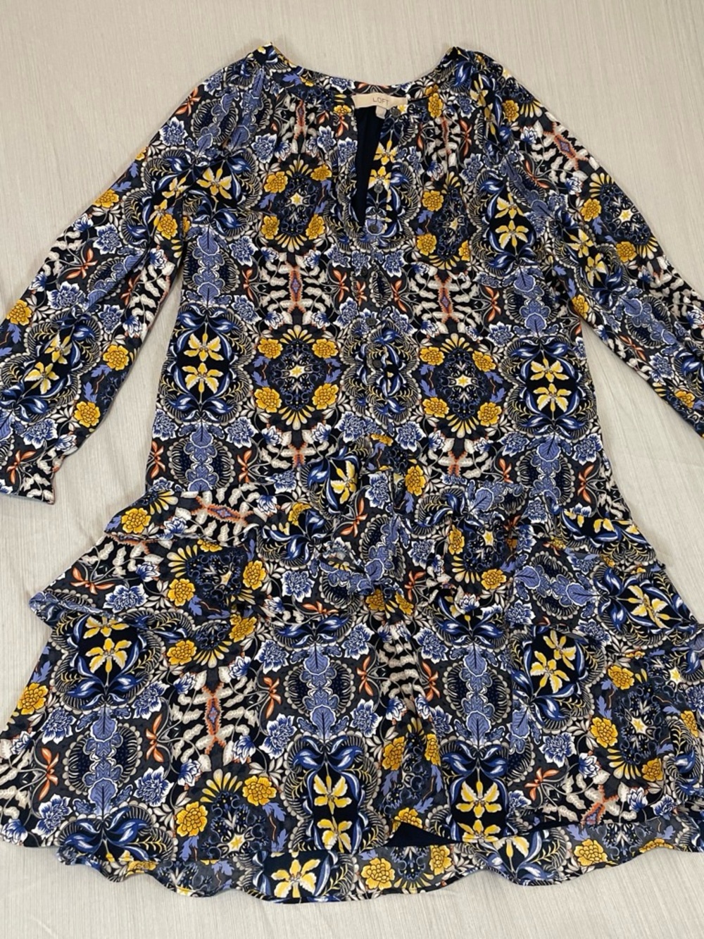 Boho Floral print Tiered Long Sleeve Dress - Navy, Yellow, White Sz small/medium